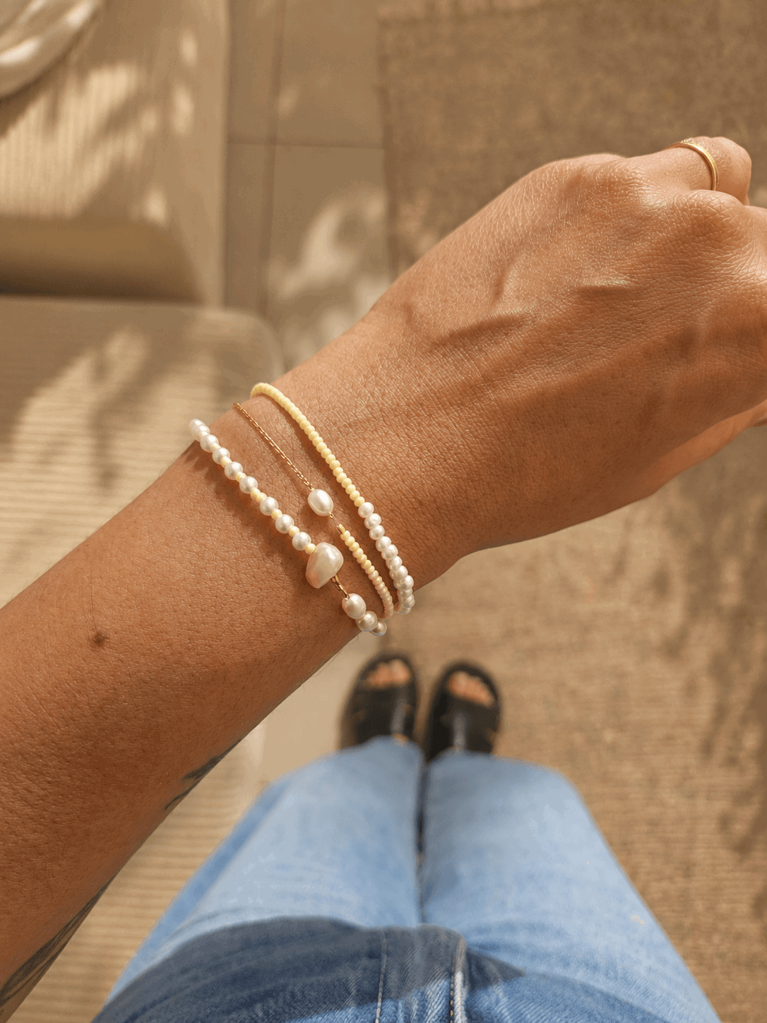 Bracelet 3 rang femme en perles jaune