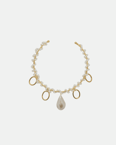 Tour de cou Rachel avec de la nacre, des perles de cultures fines et anneaux en plaqué or fait à Valence à la main 